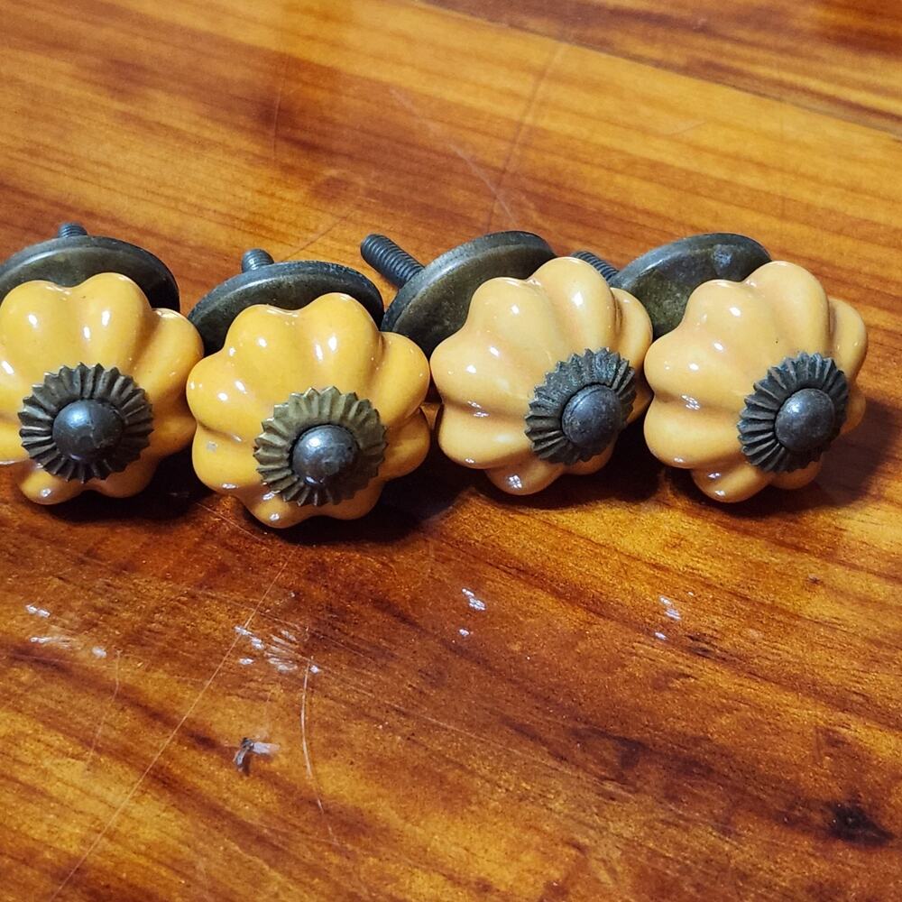 4 Light Orange Ceramic Melon Knobs Vtg Drawer Pulls Cabinet DIY Dresser Vanity